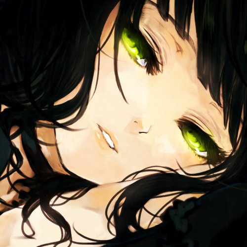 girl black and hair with Anime green eyes