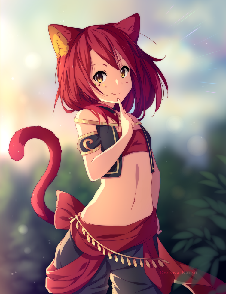 ears Anime hair and red girl with cat