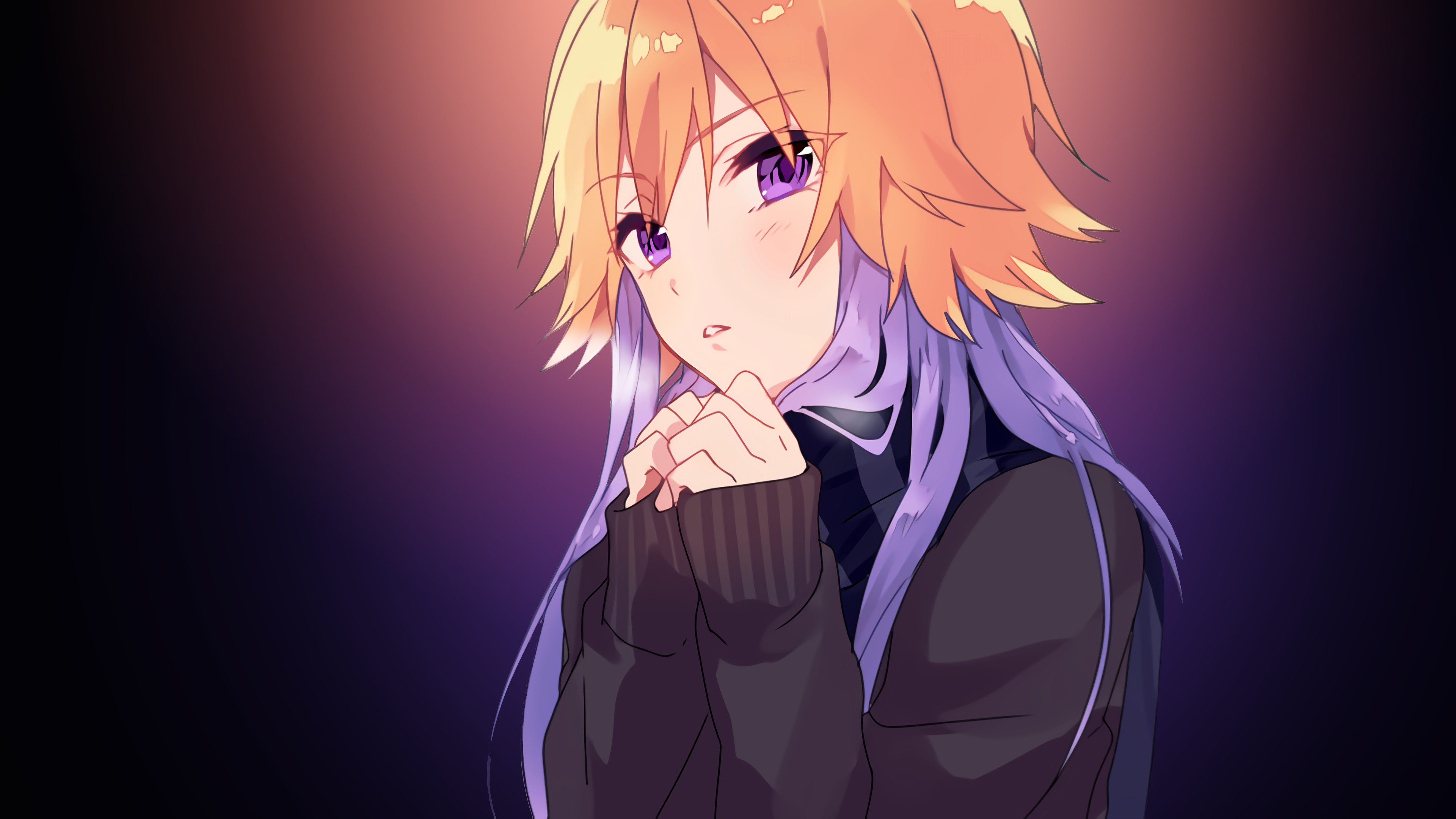 hair purple eyes girl blonde Anime