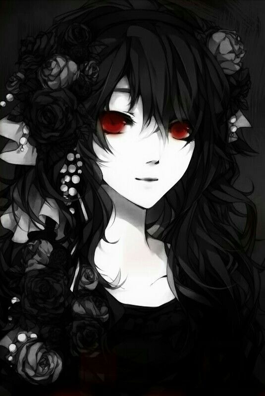 black and with anime girl Evil eyes hair red